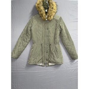 Copper Key Quilted Jacket Womens XS Olive Green Sherpa Lined Faux Fur Hooded